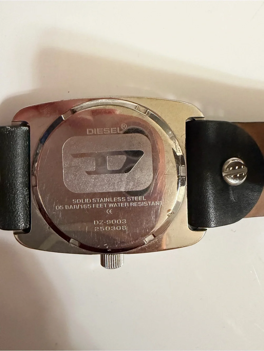Diesel Black Leather Strap Watch with Silver Case and Olive Dial